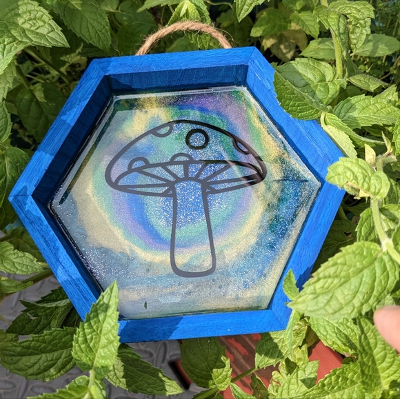 Mushroom Wall Hanging Blue Wood Shadowbox Art Handmade Nature Cottagecore - Picture 11 of 11